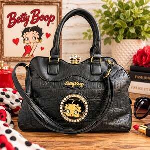 Betty Boop Large Black Faux Leather Biker Handbag Rhinestone Bling Purse
